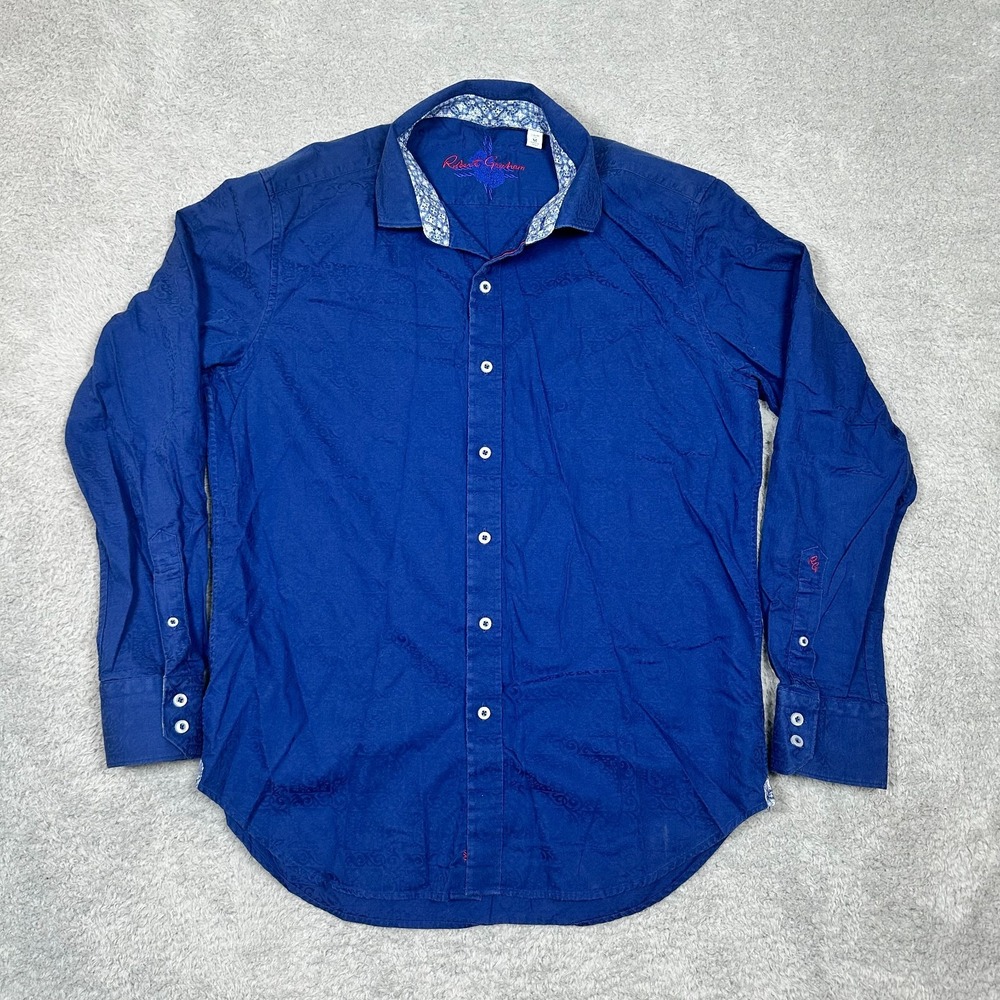 Robert Graham Mens Medium Blue Paisley Floral Jacquard Flip Cuff Button Up Shirt
